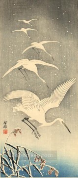  blanco lienzo - pájaros blancos en la nieve Ohara Koson Shin hanga